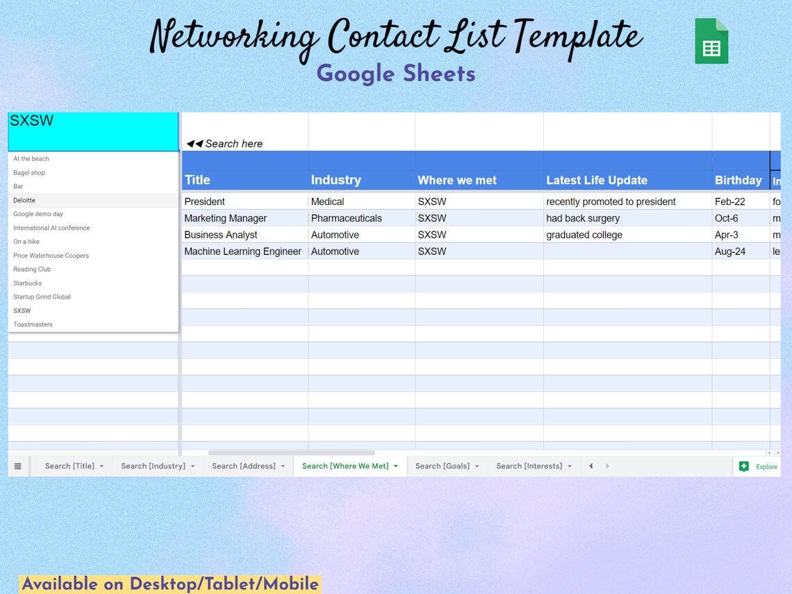 Networking Contact List Template, Google Sheets, Jobs Spreadsheet