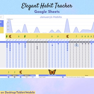 Elegant Habit Tracker, Google Sheets, Habit Tracker Spreadsheet, Digital Goal Planner, Daily, Weekly, Monthly, Goal Tracker