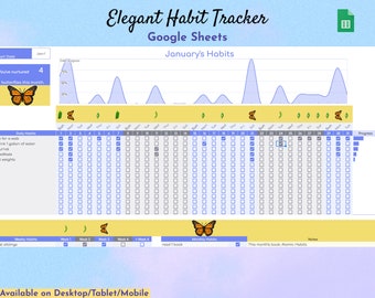 Rastreador de hábitos elegante, Hojas de cálculo de Google, Planificador de objetivos digitales, Diario, Semanal, Mensual, Seguimiento de objetivos