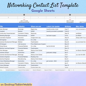 Networking Contact List Template, Google Sheets, Jobs Spreadsheet, Business Spreadsheet, Contact Tracker, CRM Template, Networking Template