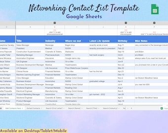 Plantilla de lista de contactos de redes, Hojas de cálculo de Google, Hoja de cálculo de trabajos, Hoja de cálculo empresarial, Rastreador de contactos, Plantilla CRM, Plantilla de redes