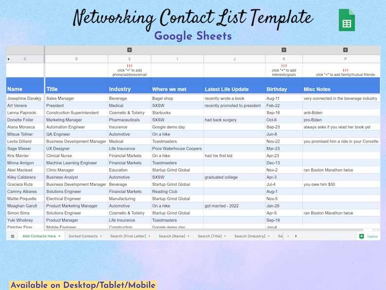 Networking Contact List Template, Google Sheets, Jobs Spreadsheet Networking Contact List Template, Google Sheets, Jobs Spreadsheet