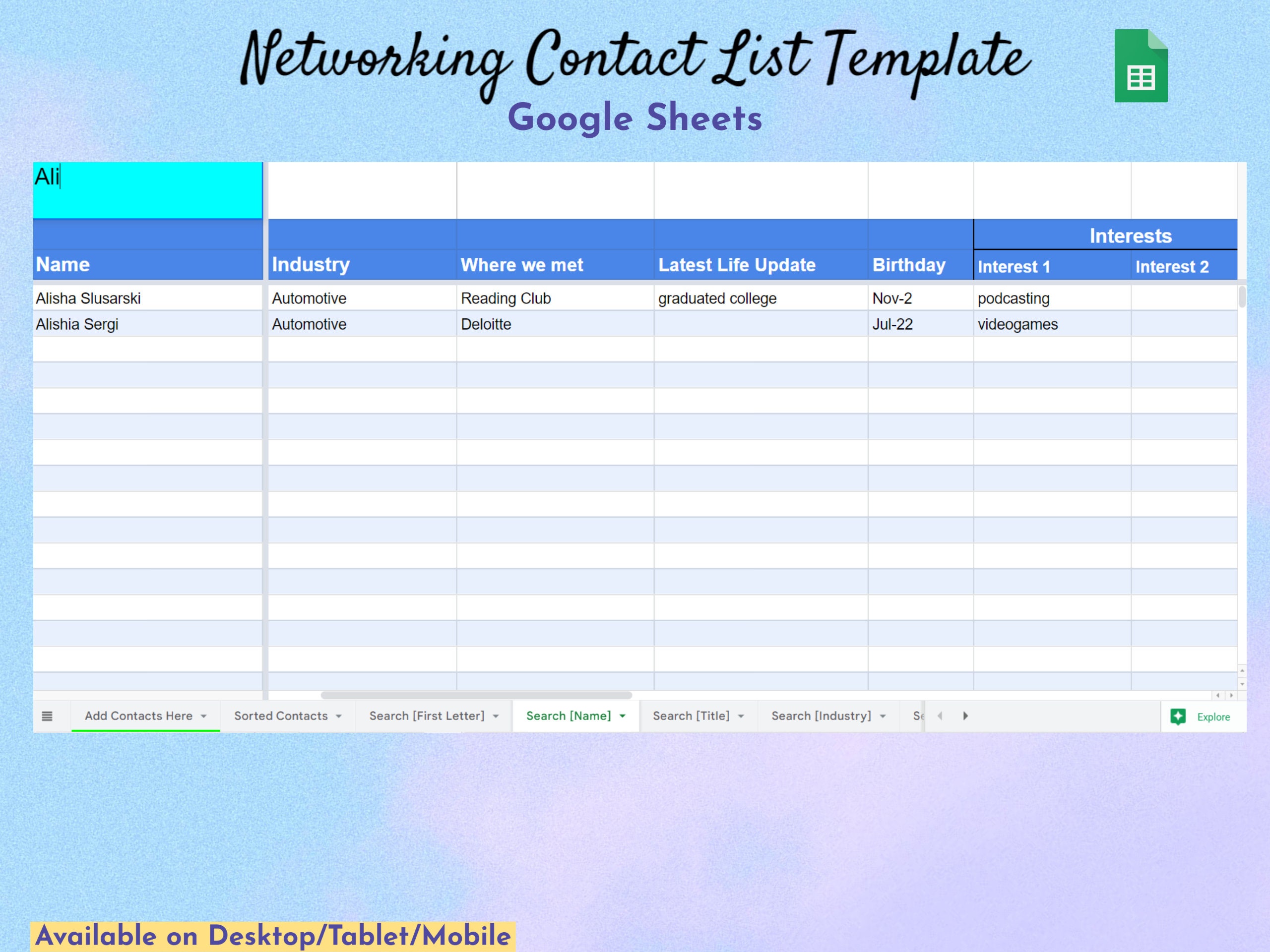 Networking Contact List Template, Google Sheets, Jobs Spreadsheet