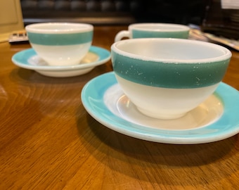Corning Blower Logo Milk Glass and Turquoise Aqua Teal Strip Cup & Saucer