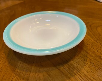 Corning Blower Logo Milk Glass Aqua Stripe small bowl / monkey dish
