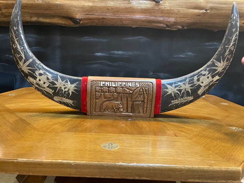 Carved Philippine Scrimshaw Water Buffalo horns with shops wood base.