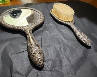 Antique Silver Plaited Hand Held Mirror & Brush Vanity Set