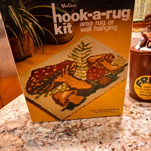 May include: A rectangular Malina hook-a-rug kit box featuring a graphic of a hooked rug with a mushroom and pine tree design. The box text reads hook-a-rug kit area rug or wall hanging, style #25/39 new mushrooms, and approximate finished size 20 x 27.