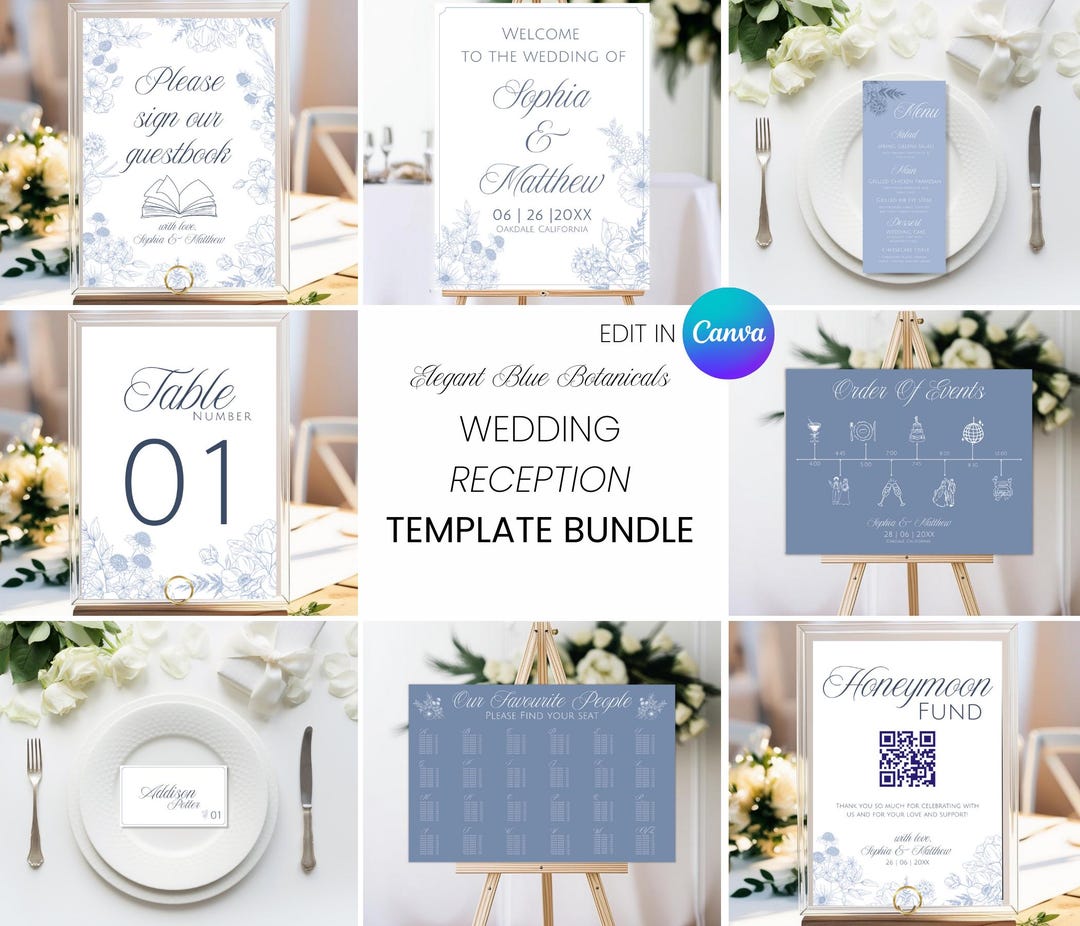 Wedding Reception Canva Template Bundle, Blue and White Wedding ...