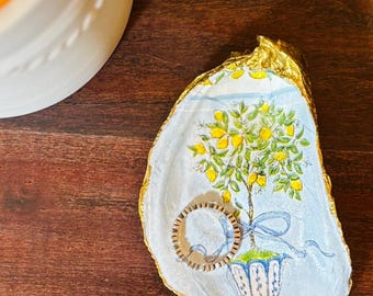 Hand-Painted Oyster Shell Jewelry Holder: Lemon Tree Decor