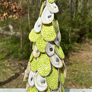 May include: A green and white polka dot Christmas tree made from oyster shells.