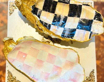 Decoupage Oyster Shell Ring Dish: Gold Leaf Edged, MC Checks