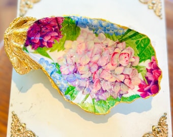 Decoupage Oyster Shell Ring Dish: Hydrangea Gold Leaf Trinket Holder