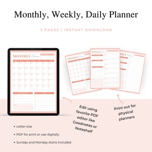 Undated Planner Pages with Monday and Sunday Start for Print or Digital Notebook, US Letter