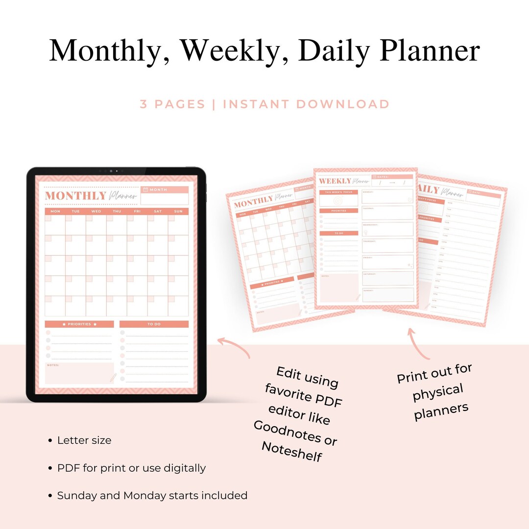Undated Planner Pages With Monday and Sunday Start for Print or Digital ...