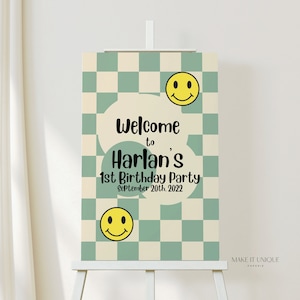 Editable 1st Party Sign, Boy 1st Birthday, Girl 1st Birthday, Retro Smiley Face Party, Happy Face, Happy One, Instant Download, Canva