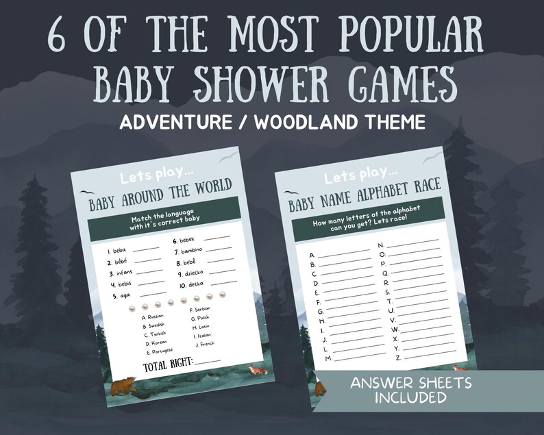 Woodland Theme Baby Shower Games Adventure Game Bundle Emoji Baby Book