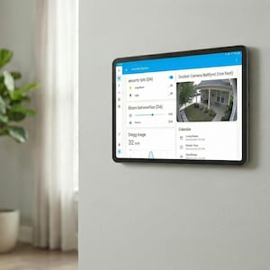 May include: A black tablet mounted on a gray wall displays a security camera interface. The screen shows camera feeds, settings, and the text "Security Camera," "Duobet Camera Bellfynd," and "Diegg Inage." The tablet is positioned near a white curtain and a potted plant.