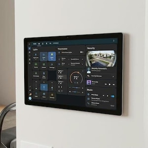 May include: A wall-mounted smart home control panel with a black frame and a digital touchscreen interface. The display shows various home automation settings including lighting controls, a thermostat set to 72 degrees, and a security camera feed.