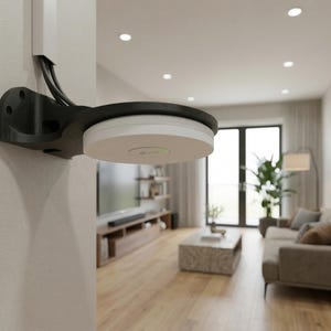 Peut inclure: Un point d'accès sans fil blanc et noir monté sur un mur. L'appareil est rond avec un support noir et est connecté à un câble blanc. L'arrière-plan montre un salon avec un canapé, une table basse et une télévision.