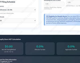 May include: A screenshot of a digital form with the title "HST Filing Schedule." The form includes fields for filing frequency, revenue, and reporting period. Below, a section titled "Your Shopify Store HST Calculation" displays tax information.