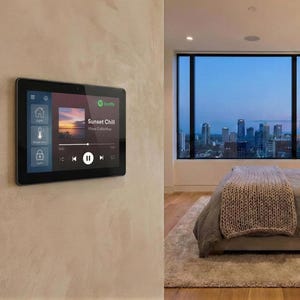 May include: A black tablet mounted on a beige wall displays a music interface with the text "Sunset Chill." The screen shows playback controls and icons for home, temperature, and security. The background features a bedroom with a city view.