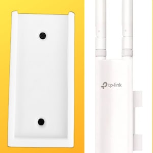 May include: White TP-Link wireless access point with two antennas and a mounting bracket. The device has the TP-Link logo and is designed for network connectivity. A white mounting bracket with two black screw holes is also shown.