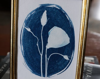 Poppy Cameo | Cyanotype Art, 5x7" Handmade Watercolor Paper | Sun Print, Blue Print, Botanical Art, Photogram