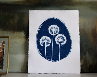 Three Wishes Cameo | Cyanotype Art, 8x10" Handmade Watercolor Paper | Sun Print, Blue Print, Botanical Art, Photogram