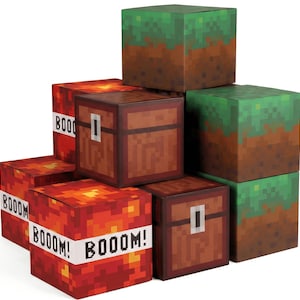 May include: A collection of pixelated cube-shaped boxes. Some boxes are designed to look like treasure chests, others like grass and dirt blocks, and some are designed to look like TNT blocks with the word "BOOOM!" printed on them.
