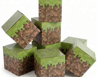 Pixel Grass Block Favor Boxes – 8 Pack Cardboard Cubes for Gaming Birthday Decorations