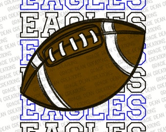 Könnte beinhalten: Ein brauner und weißer Football mit schwarzen Schnallen ist in der Mitte des Bildes zentriert. Das Wort "EAGLES" wird viermal mit blauer Umrandung und schwarzer Füllung wiederholt und umgibt den Football.