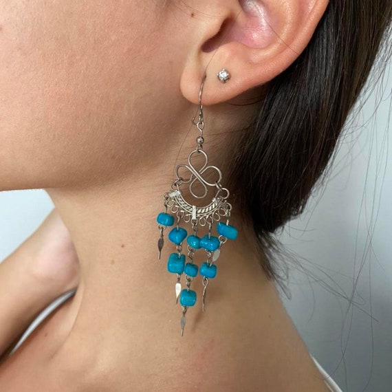 Blue and Silver Dangly Beaded earrings - image 2