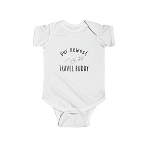 Our Newest Travel Buddy Baby Bodysuit, Pregnancy Reveal, Baby Announcement, Coming Soon, Travel Baby, Mom/Dad Gift
