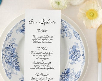 Garden Wedding Dinner Menu, 3.875"x9.25" Whimsical Wedding Hand Written Quirky Wedding Menu, Guest Names, Rehearsal Dinner Menu Place Cards