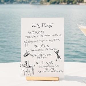 Modelo de cardápio de casamento caprichoso, cardápio ilustrado, cardápio de casamento peculiar, cardápio desenhado à mão, cartão de menu Lets Feast, casamento no destino, Lago Como