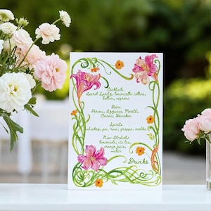 Plantilla de menú de bar con diseño floral de acuarela / Fiesta en el jardín con una boda de primavera / Letrero editable con diseño de cóctel exclusivo de flores silvestres / Menú de boda de verano