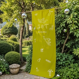 Kleurrijk bruiloft welkom stoffenbord, handgetekende geïllustreerde stoffenbord, eigenzinnig bruiloftbord, grillig bruiloftbord, aangepast linnen bord