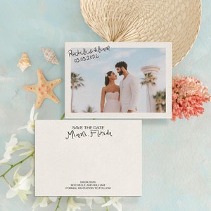 Postal de Miami para guardar la fecha, tarjeta vintage de 5x7 con letras a mano, plantilla con foto para guardar la fecha, invitación de boda minimalista moderna