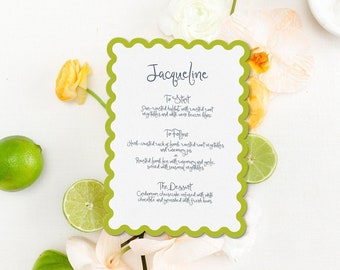 Printed Scallop Wedding Menu and Placecard,  Whimsical Wedding Menus with Guest Names, Wavy Border Quirky 5x7 Menu, Rehearsal Dinner Menu