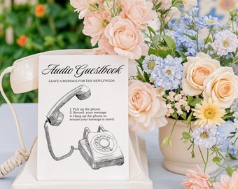 Audio Guestbook Wedding Sign Template, Vintage Phone Guestbook Table Sign, Leave a Message for the Newlyweds, Illustrated Audio Guestbook