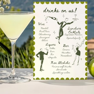 Grillige bruiloft open bar menusjabloon, geïllustreerde handgetekende cocktailbord eigenzinnige krabbel Toscane bruiloft handtekening drankjes teken