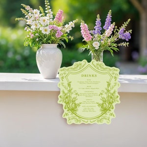 Menu floral de mariage de jardin, enseigne de bar de mariage vert clair chartreuse, menu de boissons de mariage fantaisiste, enseigne de cocktail signature, original