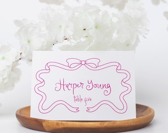 Pink Bow Printed Placecards | Quirky Tented Placecards, Whimsical Wedding Placecards with Guest Name, Folded Name Cards with a Wavy Border