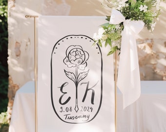 Tuscany Wedding Linen Sign With Custom Calligraphy, Fun Whimsical Roses Illustration Handwritten Wedding Welcome Fabric Sign, Italian Design