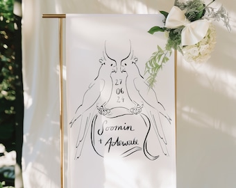 Whimsical Wedding Linen Sign With Custom Calligraphy, Handwritten Wedding Welcome Sign With Dove Illustration, Wedding Signage