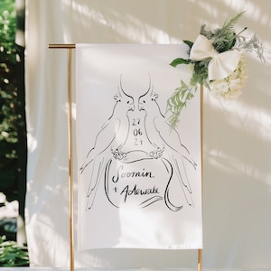 Skurriles Hochzeit Leinen Schild mit individueller Kalligraphie, handgeschriebenes Hochzeit Willkommensschild mit Taube Illustration, Hochzeit Schild