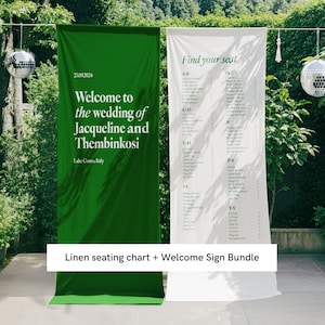 Set di cartello di benvenuto in lino e tabella dei posti a sedere in lino, tabella dei posti a sedere in ordine alfabetico, piano del tavolo, cartello in tessuto per matrimonio verde foresta, piano dei posti a sedere