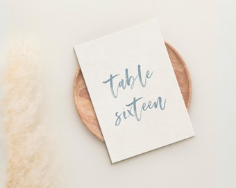 Printed Watercolor Table Numbers | Dusty Blue Table Numbers For Wedding, Light Blue 5" x 7" Calligraphy Table Seating Cards, Cotton Paper