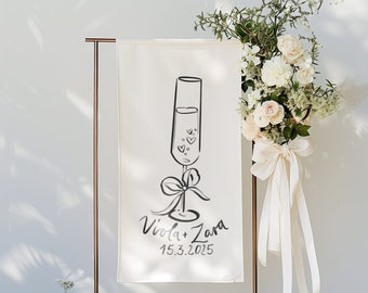 Handwritten Names Custom Linen Sign, Fun Champagne Glass and Bow Illustration Custom Handwritten Whimsical Wedding Welcome Sign